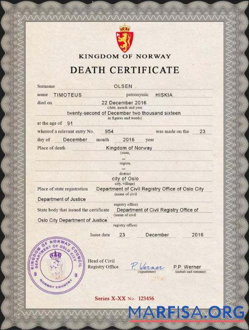 Realistic Norway vital record death certificate PSD template